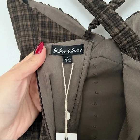 For Love & Lemons University Plaid Midi Dress Brown Drop Waist Size S NWT - Picture 7 of 9